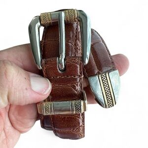 Brown genuine textured Leather Belt with Silver and Gold Buckle 37”